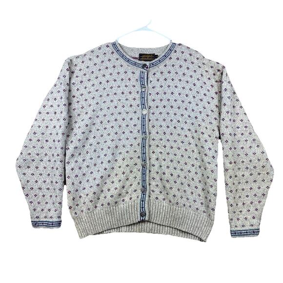 Vintage Eddie Bauer Wool Cardigan Sweater L Made in Hong Kong Snowflake Buttons - Picture 1 of 9